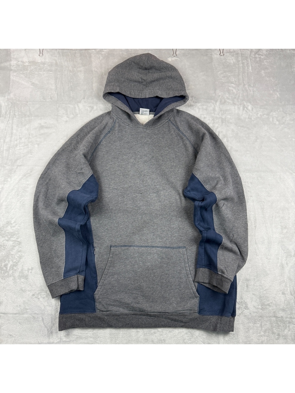 VTG Columbia Men LT Tall Grey Navy Hoodie Fleece Lined Colorblock Gorpcore Retro